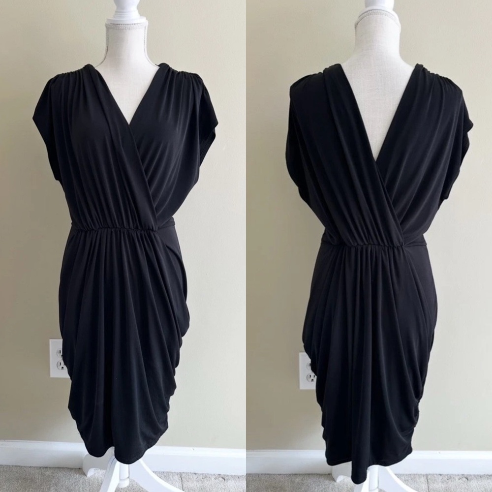 Fashion To Figure 1X Black Dress Strech Draped Short Sleeveless V-Neck V-Back
